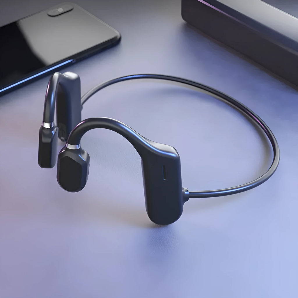 Wireless sports Bluetooth earphone with ear hook design air bone conduction concept in black plastic