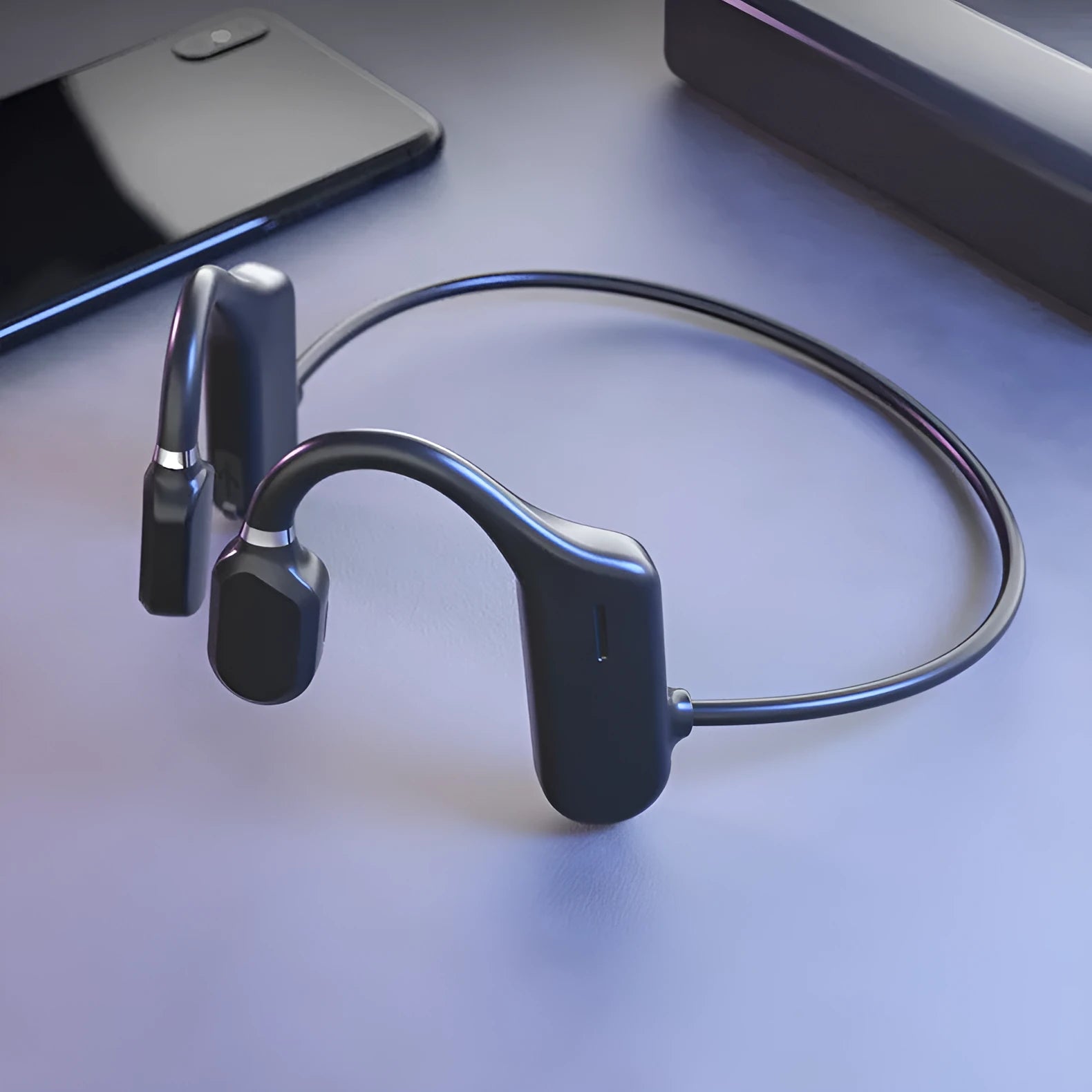 Wireless sports Bluetooth earphone with ear hook design air bone conduction concept in black plastic