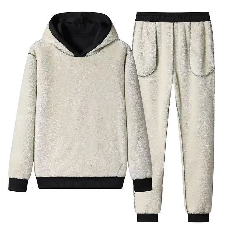 Fleece-lined thickened men's tracksuit in dark gray with hooded top and long trousers