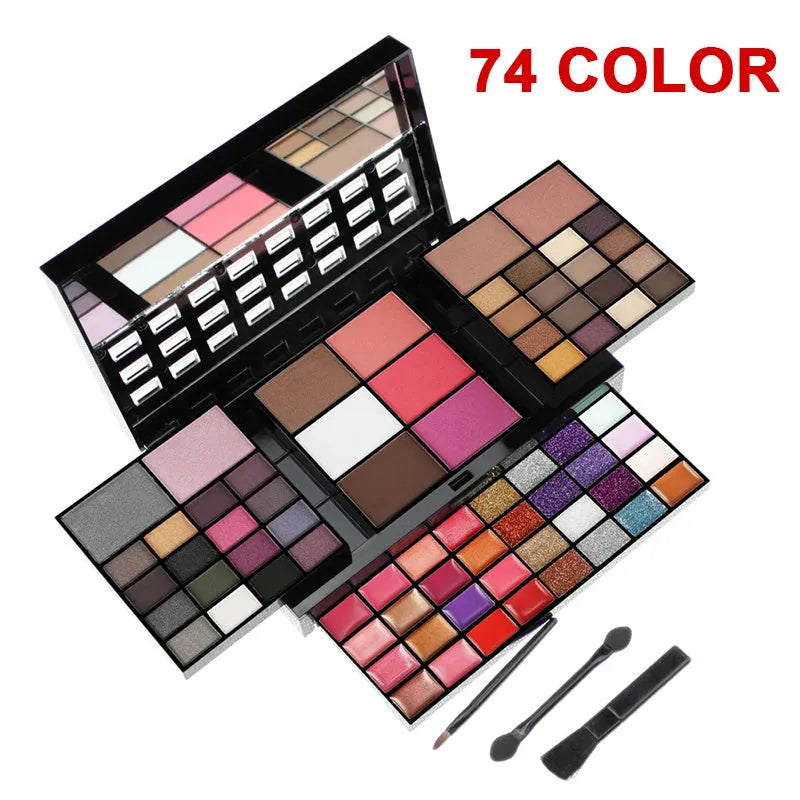 74 colour makeup palette set open showing four layers of eyeshadows, lip glosses, blushes, and contour powders with brushes