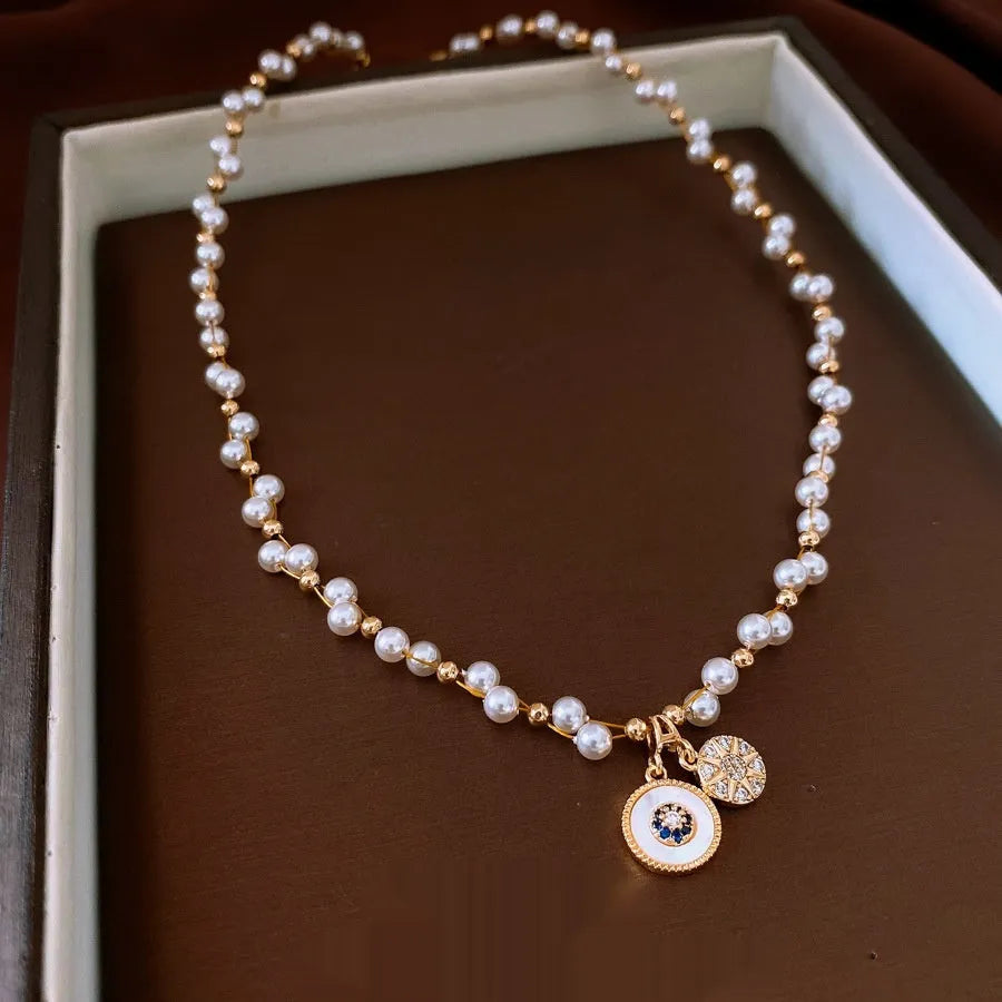 Gold plated zircon pearl round pendant necklace on clavicle chain with adjustable 41-50cm length