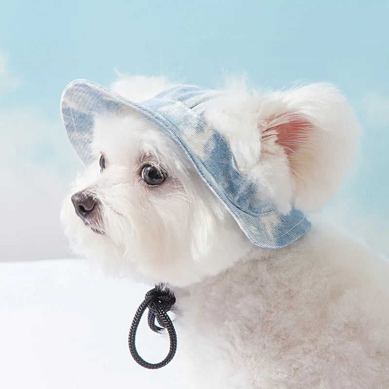 Adjustable tie-dye pet hat with ear holes for small to medium dogs, available in blue, orange, purple, and yellow