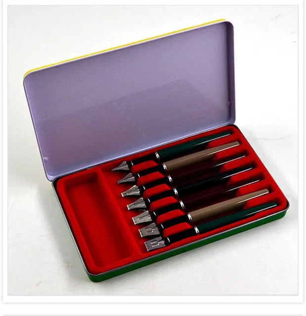 Right Point 7-piece calligraphy pen set with black ink, stainless steel tips, plastic metal penholders, widths 2MM to 11MM
