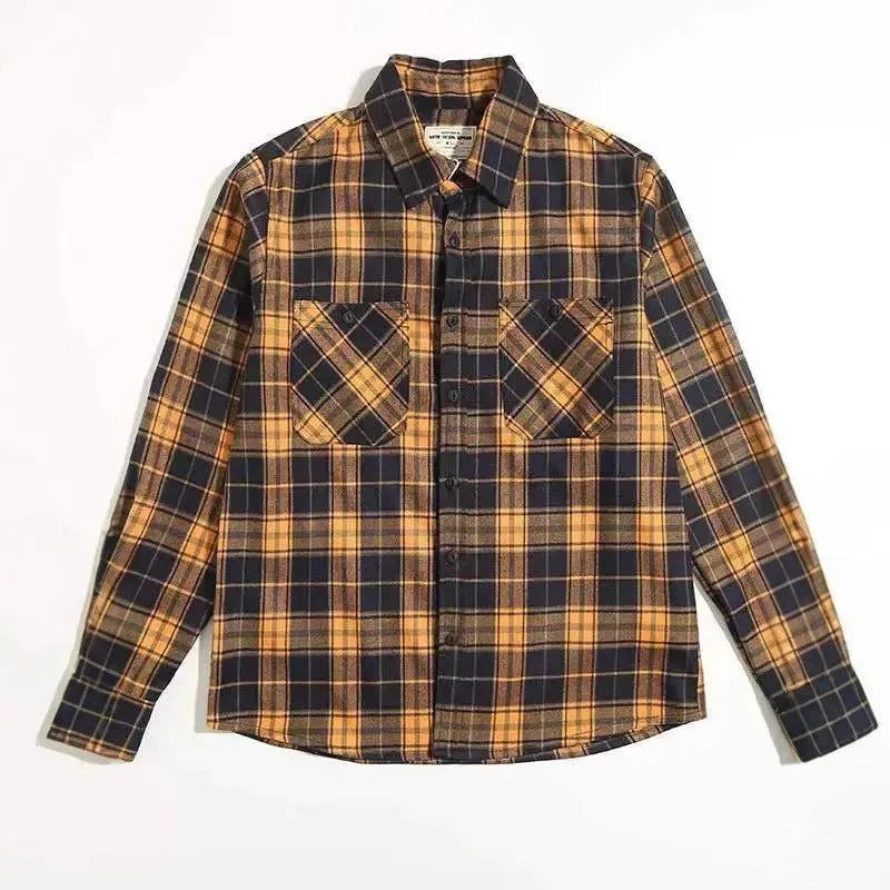 Men's thickened plaid double pocket long sleeve overalls shirt in loose cardigan fit, available in four colours