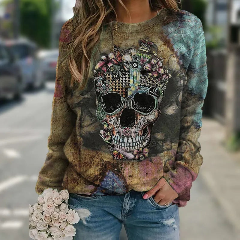 Black long sleeve sweatshirt with a detailed all-over skull print design.
