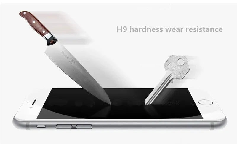 Tempered glass screen protector for mobile phones with 9H hardness and oleophobic coating.
