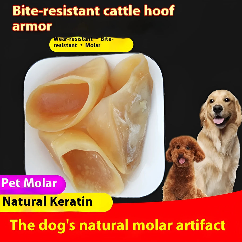 Natural cowhide dog chew toy with edible hoof shell, shown in small and large size options.