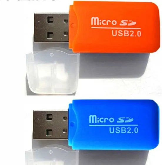 A small, white mini USB card reader for TF and SD memory cards on a grey background.