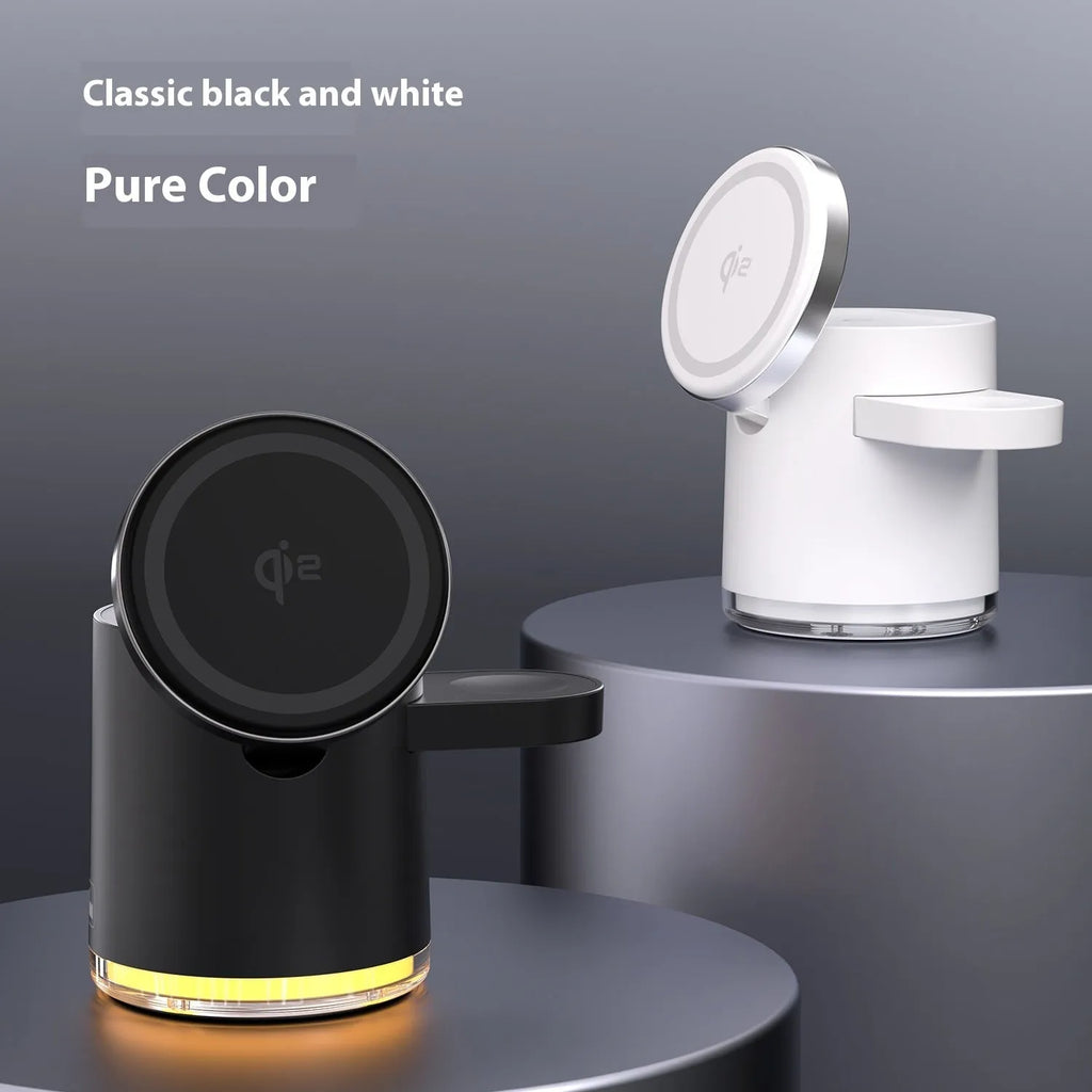 C16 foldable three-in-one magnetic wireless charger in black and ivory white, showing phone, watch, and earbuds charging simultaneously.