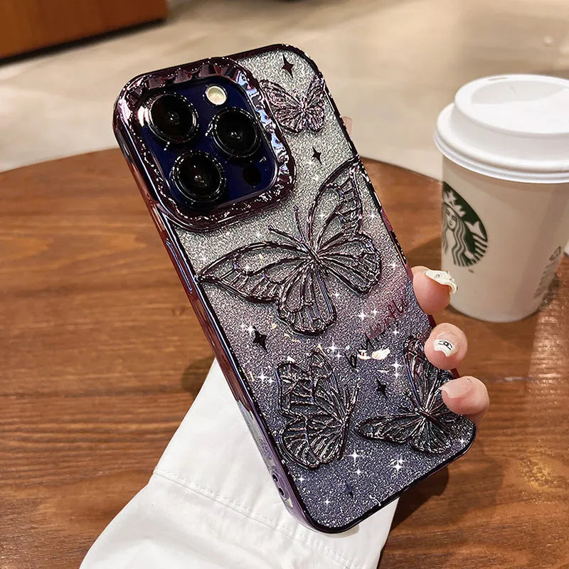 Silicone phone case with butterfly glitter gradient print for Apple iPhone