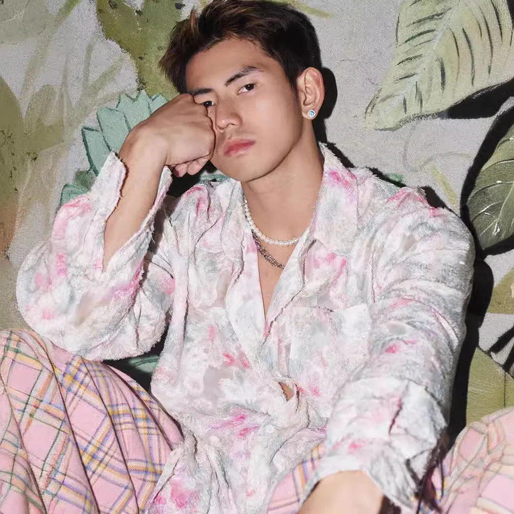 Floral pattern long sleeve shirt with embossed three-dimensional design in chemical fibre blend fabric