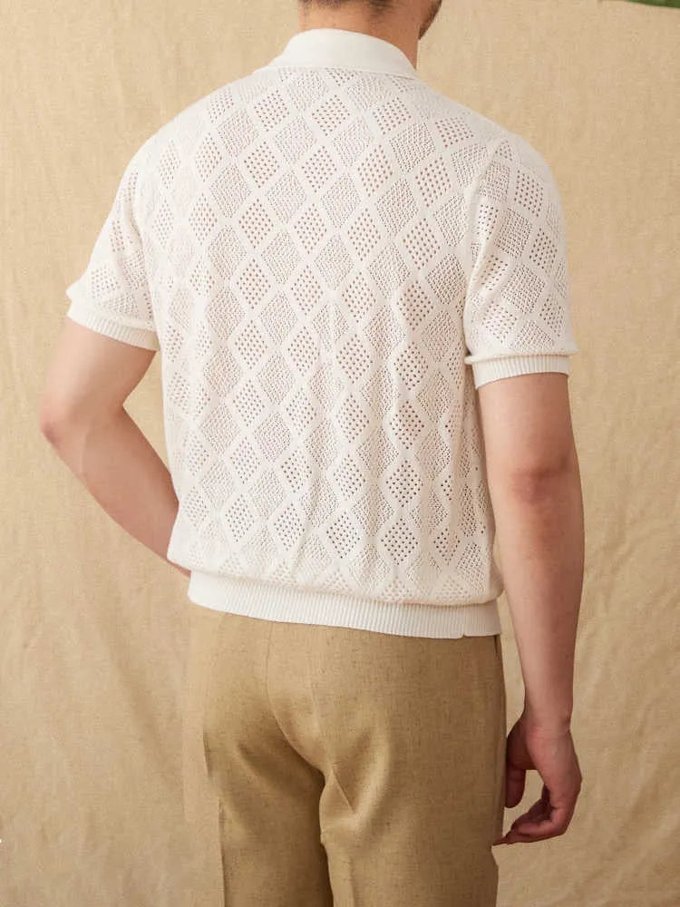 Men's short sleeve cotton cardigan with lapel collar and zipper in light coffee and white colours