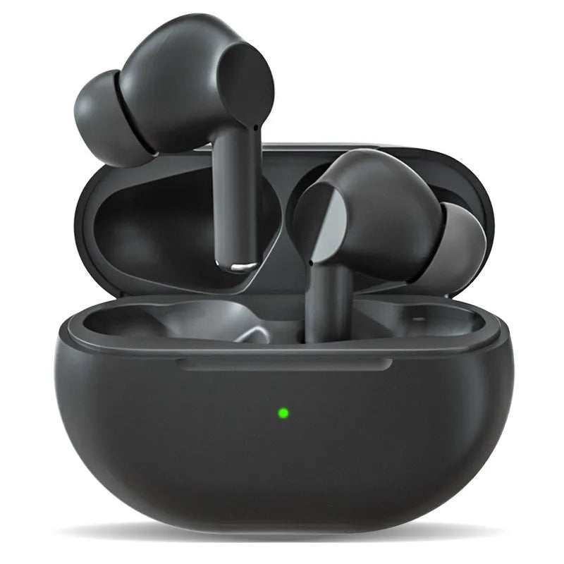 Pro4 black and white wireless Bluetooth earbuds with charging case and cable.