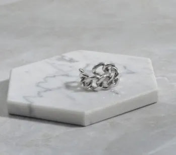 Golden aluminium alloy adjustable geometric ring chain on white background