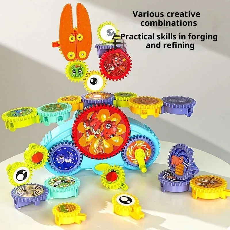 Electric building blocks changeable gear toy in dinosaur theme with plastic blocks and portable gift box