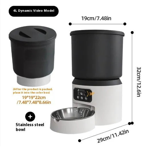 4L smart pet feeder for cats and dogs with WiFi app control and optional camera on a wooden floor.