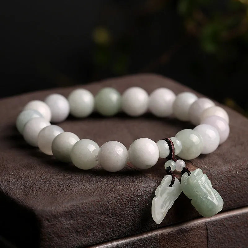 Jade geometric bracelet with hanging Maitreya Buddha pendant in multiple colour options