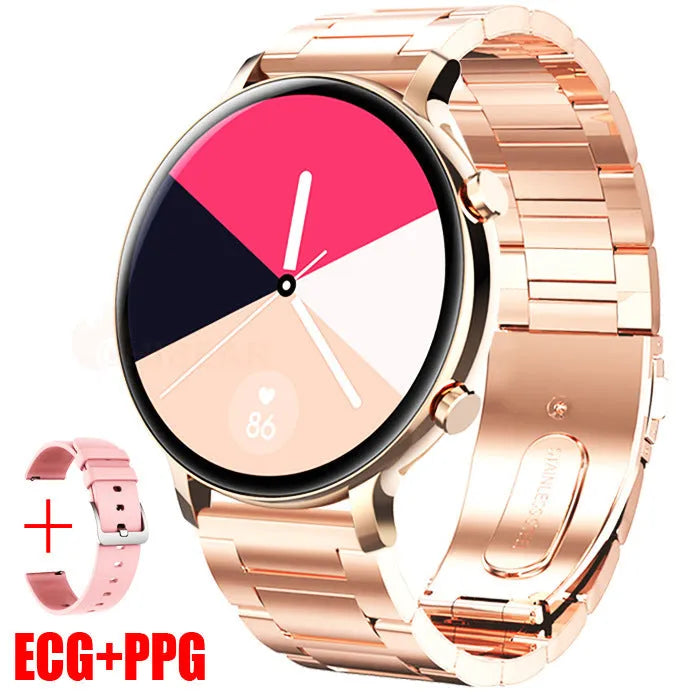 Black Bluetooth smartwatch with stainless steel strap on a wrist, showing call and health stats on screen.