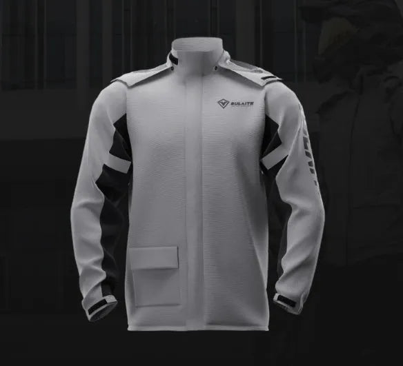 Motorcycle rain suit with split raincoat, trousers, hidden shoe covers and storage bag