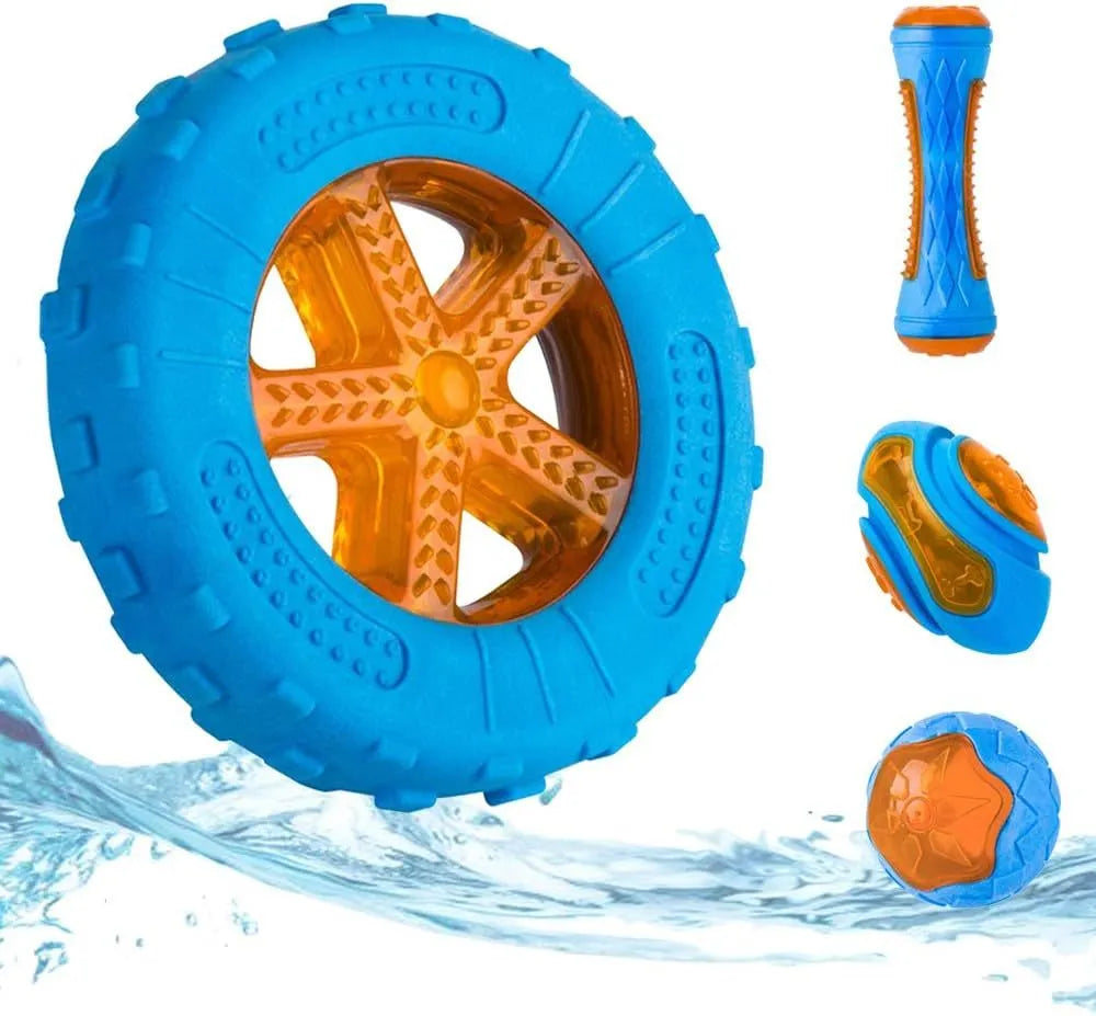 Three TPR dog toys - ball, barbell, and tires - with textured surfaces for teeth cleaning and floating capability