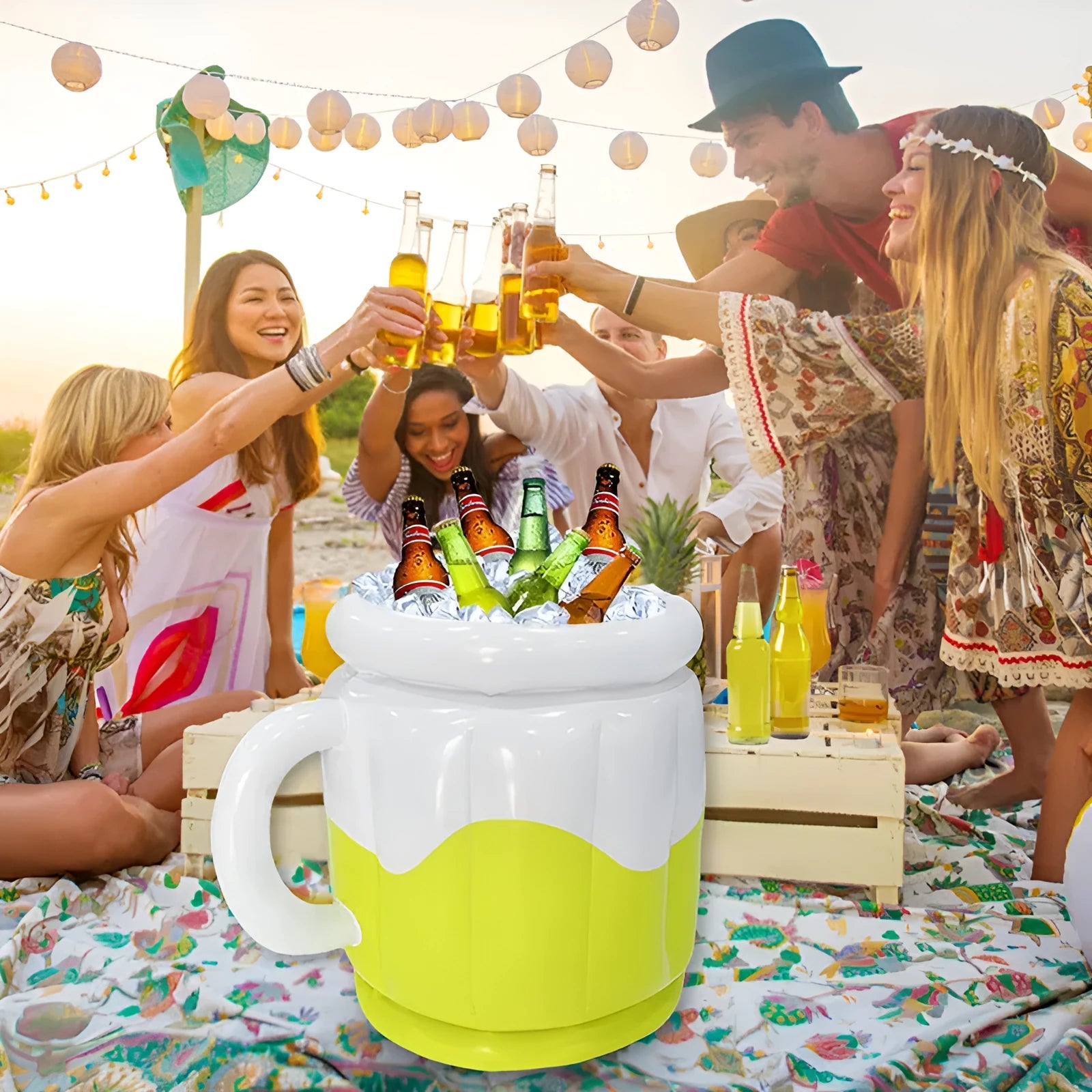 Bright yellow inflatable PVC ice bucket for beer steins and outdoor drinks