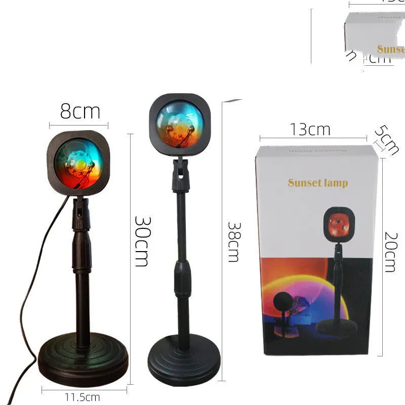 Black sunset lamp projector with metal lampshade lens on iron stand, USB cable, ambient glow effect