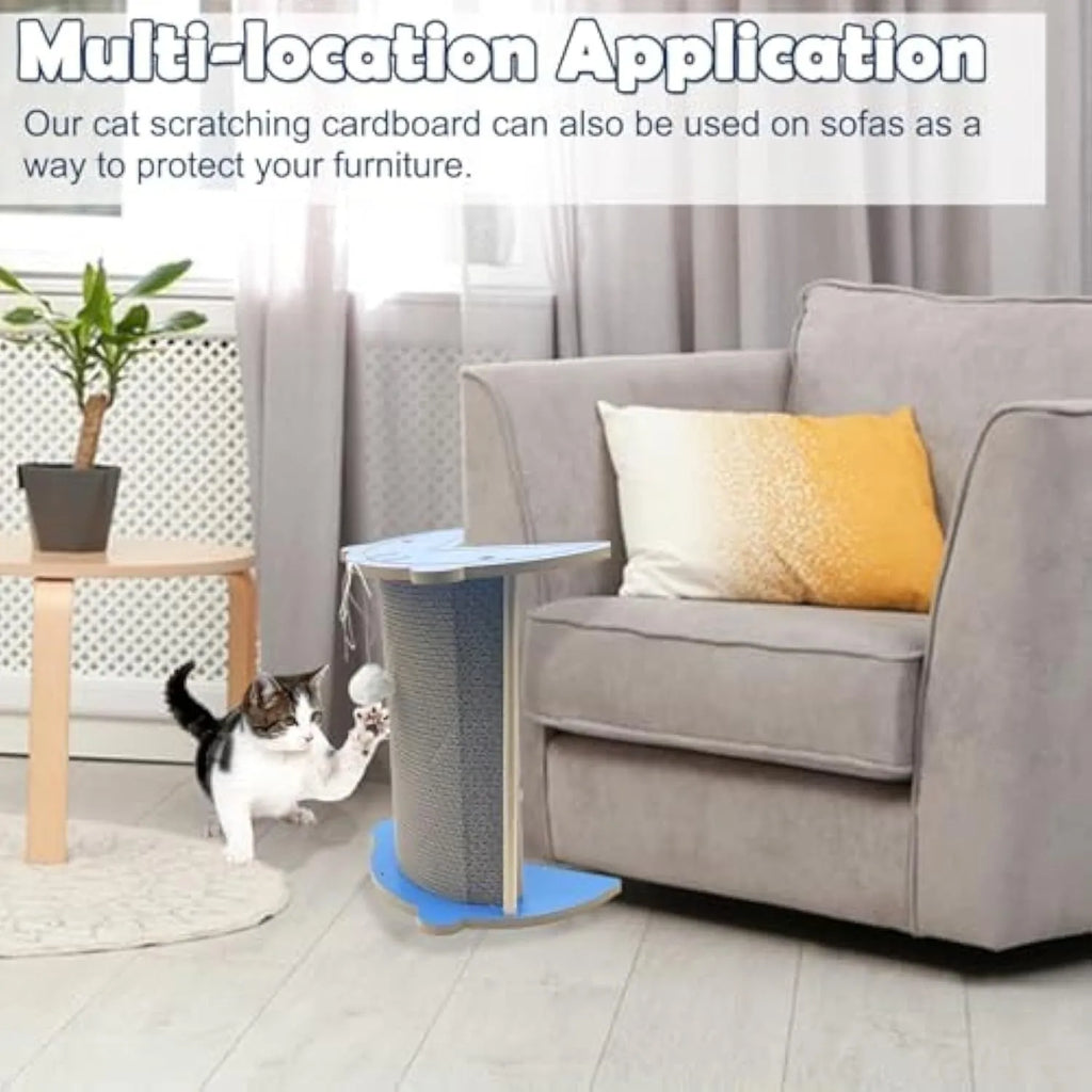 Vertical corner cat scratcher with cardboard pad and hanging ball toy on grey density board base
