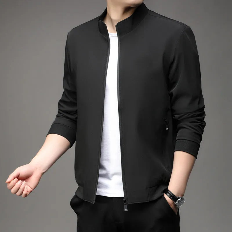 Korean-style loose fit lapel jacket for men in a blue colour, shown with zipper and pocket details.