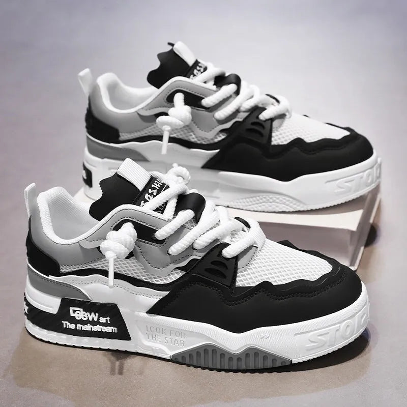 Men's low-top board shoes in white and yellow, white and black, and beige colour-matching designs with rubber soles