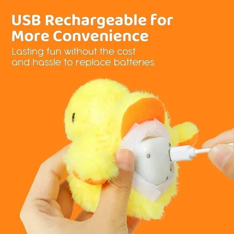 Yellow polyester plush duck cat toy with electric flapping wings on green background