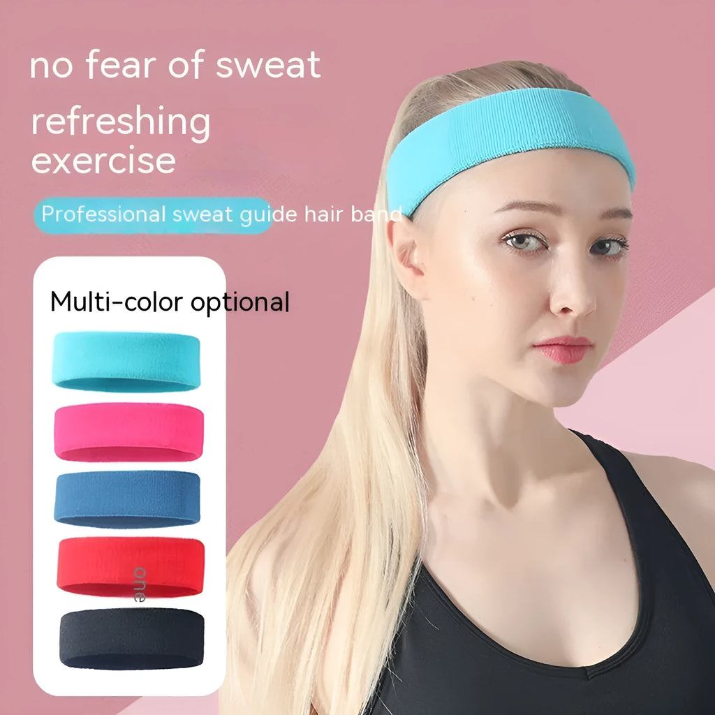 Widened elastic sports sweat band in black, blue, red, rose red, and sky blue colours.