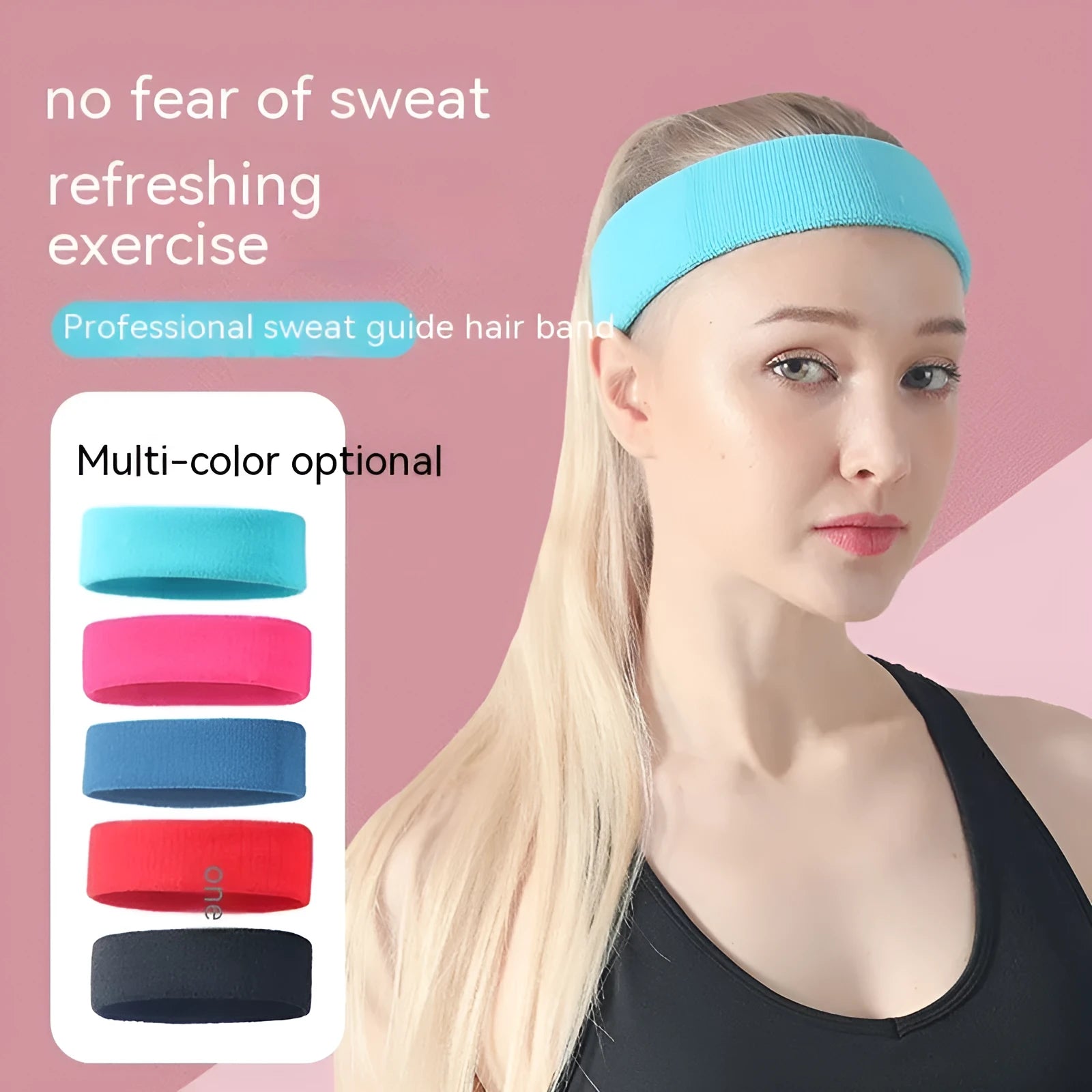 Widened elastic sports sweat band in black, blue, red, rose red, and sky blue colours.