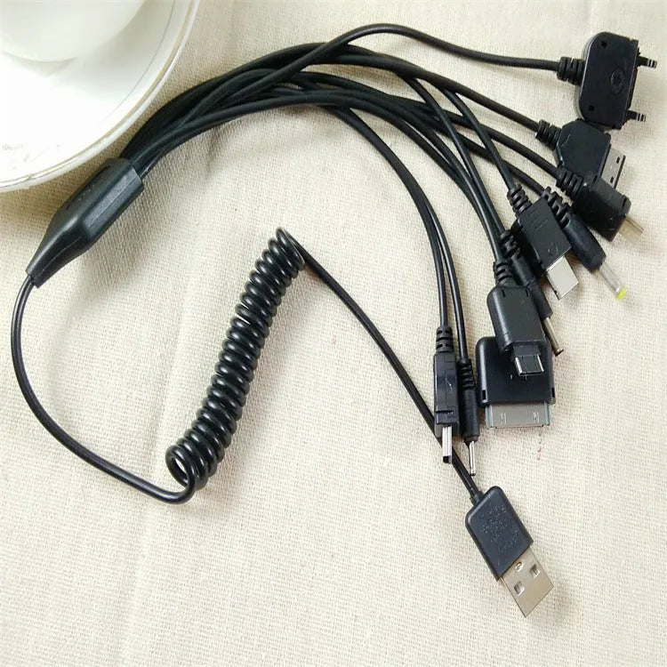 White PVC multi-function charging cable with spring drag design and multiple connectors