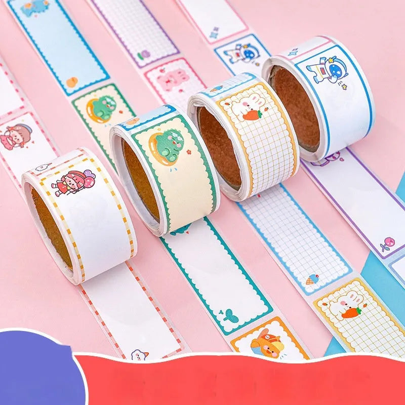 Roll of 60 cartoon name tape stickers showing dinosaur, astronaut, rabbit, and girl design options