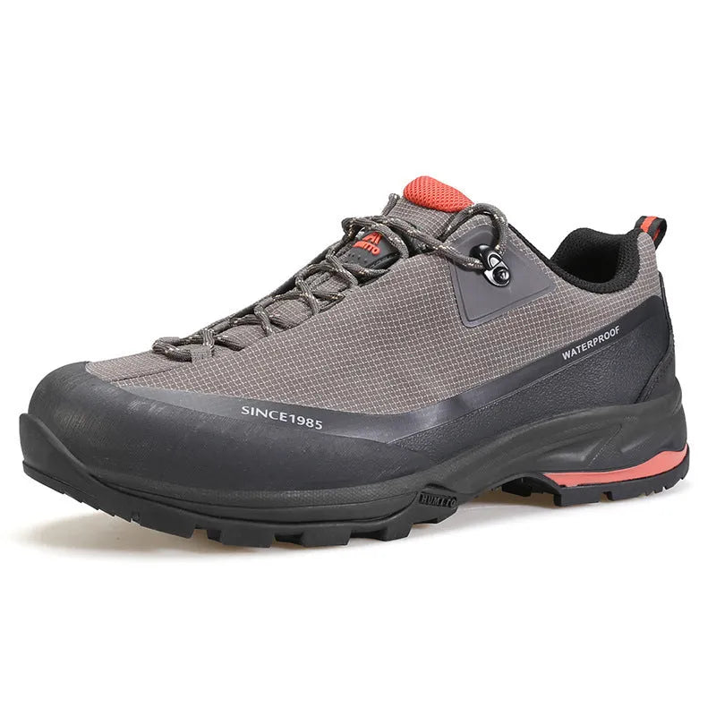 Men's low-top leather mesh hiking boots with front laces and a non-slip rubber outsole