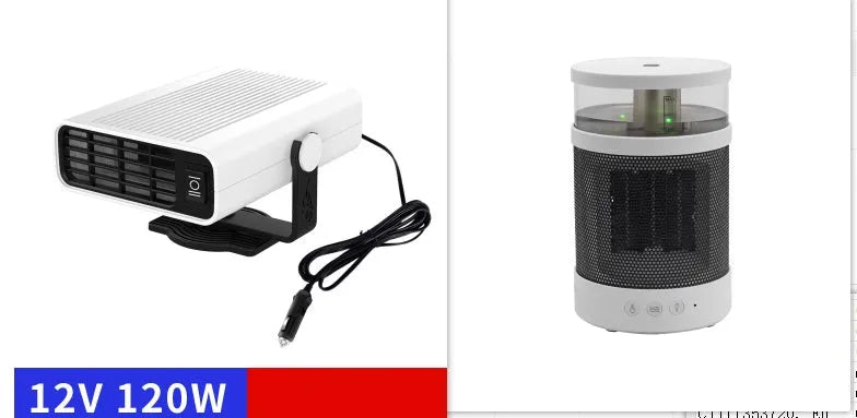 Universal 12V 24V car defrost heater in black ABS with 360-degree rotating holder and handle