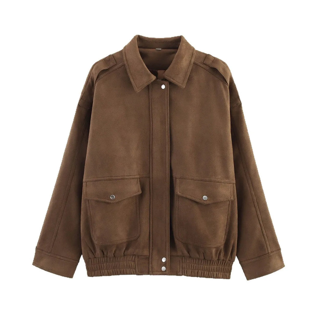Casual suede textured jacket with pocket decoration, loose fit, long sleeves, brown and khaki colours, front view