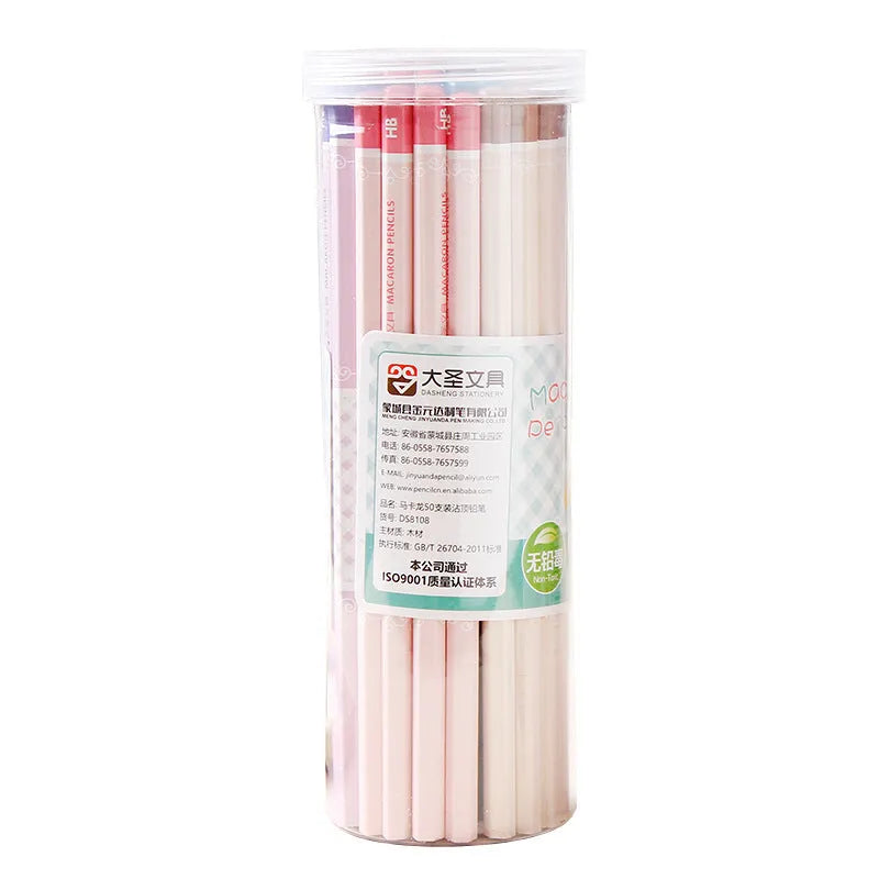 Barrel of 50 basswood six-angle thermal transfer pencils with HB refills on a work surface.