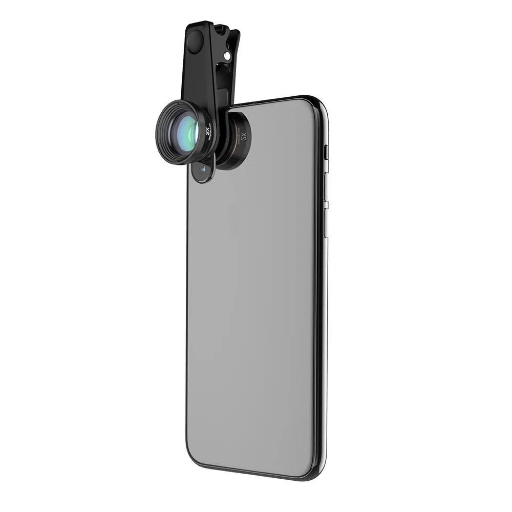 Black 6-in-1 smartphone camera lens kit with fisheye, wide angle, macro, telephoto lenses and universal mounting clip