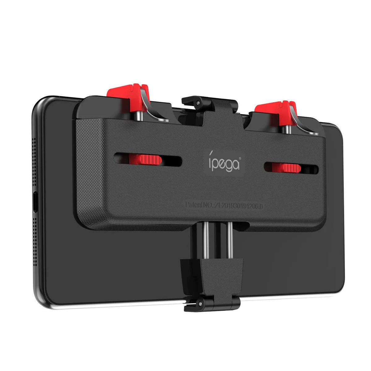 Black mobile phone game trigger handle bracket showing adjustable sliding trigger and telescopic fixing clip.