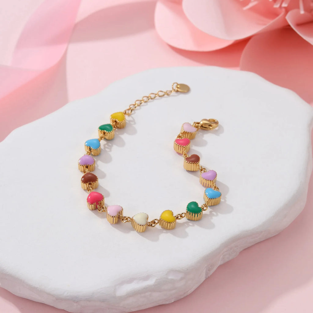 Women's stainless steel bracelet with colourful oil heart pendant on 32cm chain