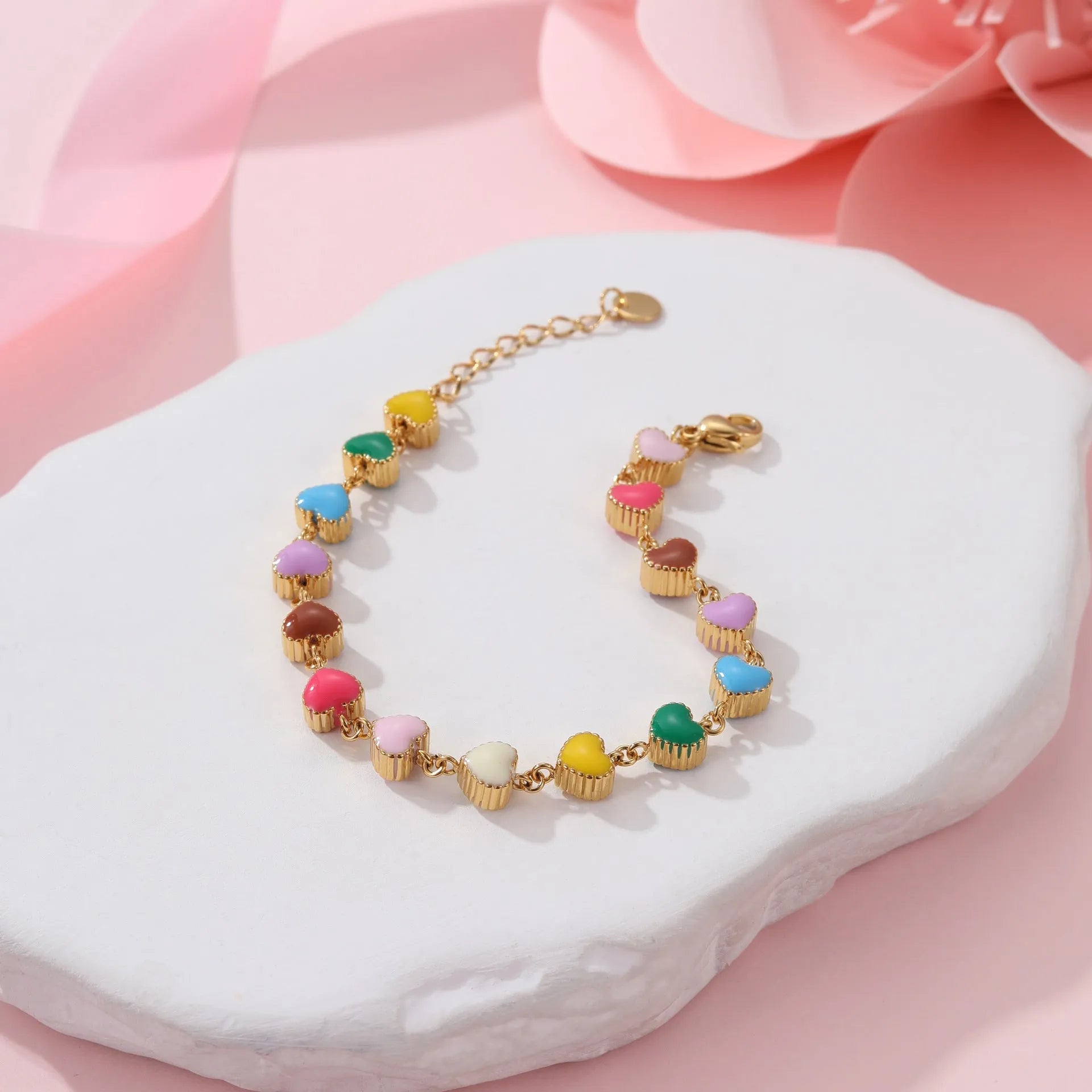 Women's stainless steel bracelet with colourful oil heart pendant on 32cm chain