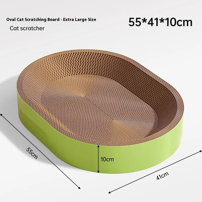 Green oval corrugated paper cat scratch board and nest measuring 55cm diameter