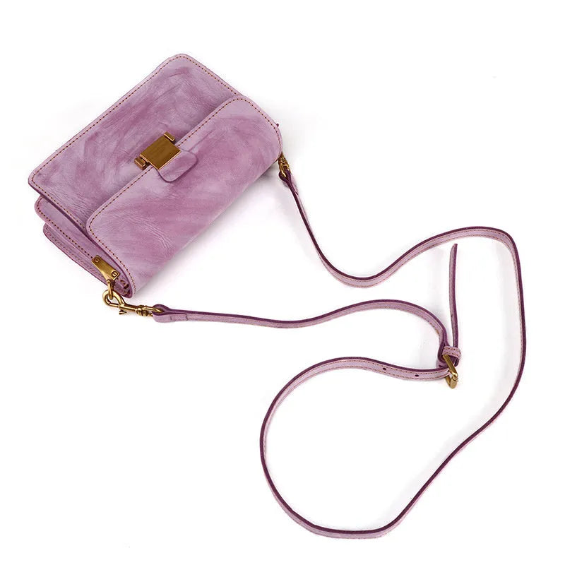 Foggy wax leather women's messenger bag coffee colour small horizontal square shape with lock closure