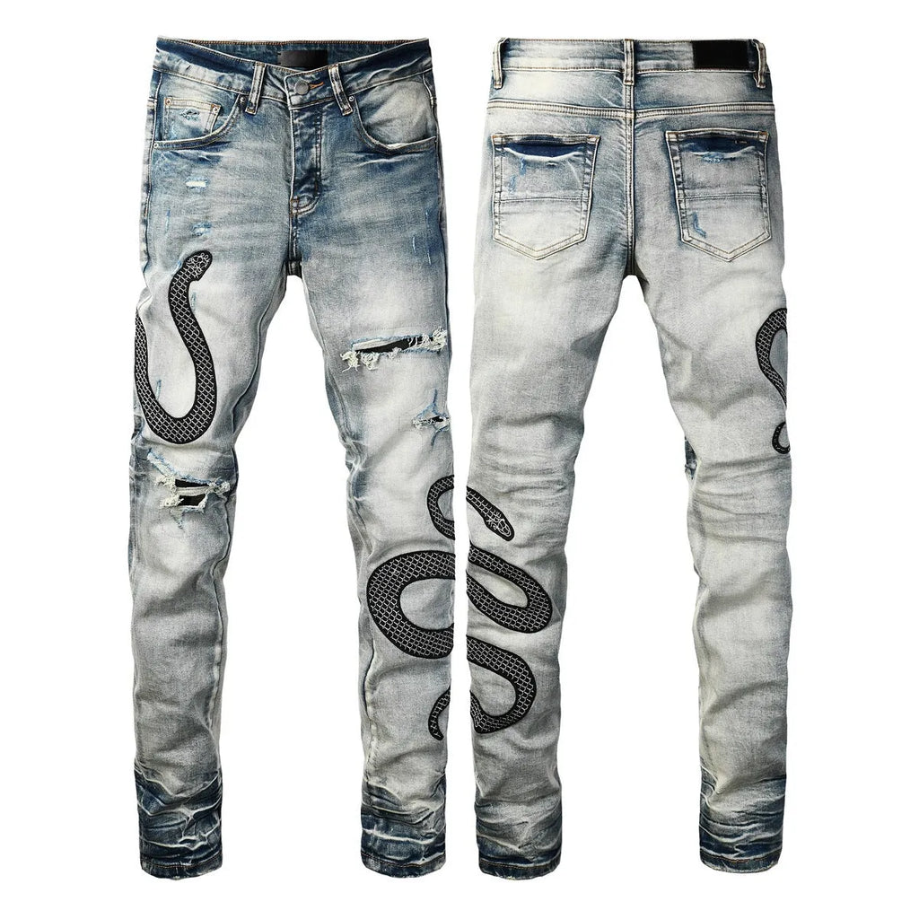 Men's distressed blue skinny jeans with a retro wash, shown with a button fly and a tight leg fit.