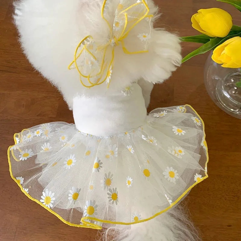 Yellow daisy pattern dog clothes for summer in thin polyester fabric