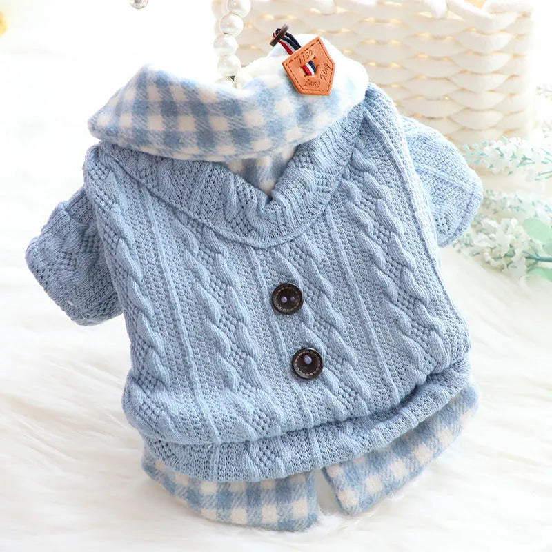 Blue wool plaid dog sweater with fake two pieces design and fleece lining for indoor warmth