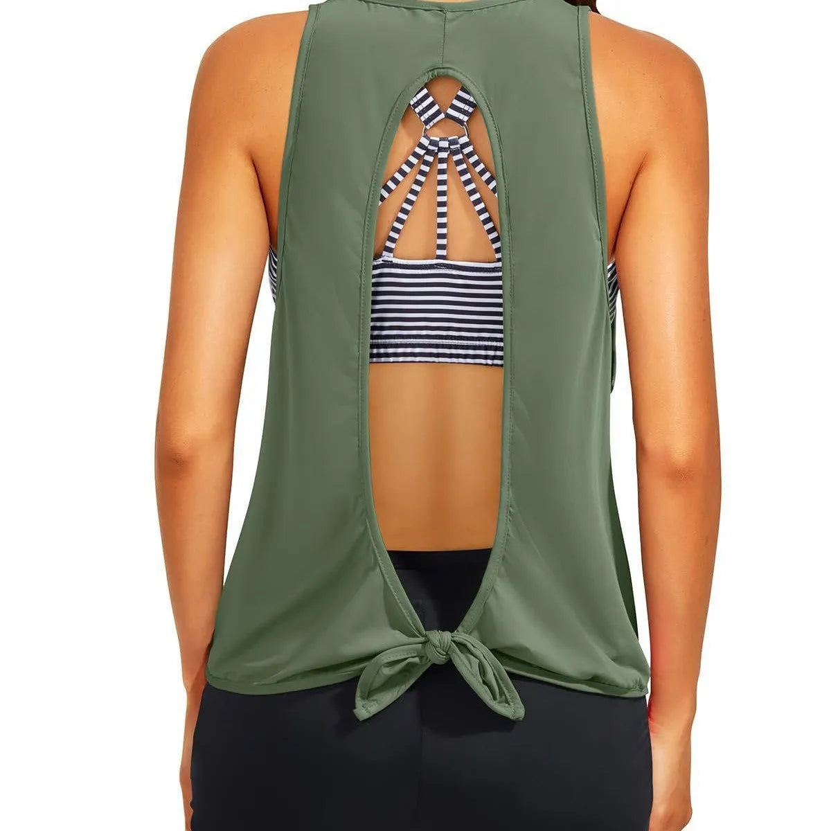Women's printed swimsuit set with hollow back and covered belly, three pieces: short sleeve top, vest, shorts, in camouflage colour on white background