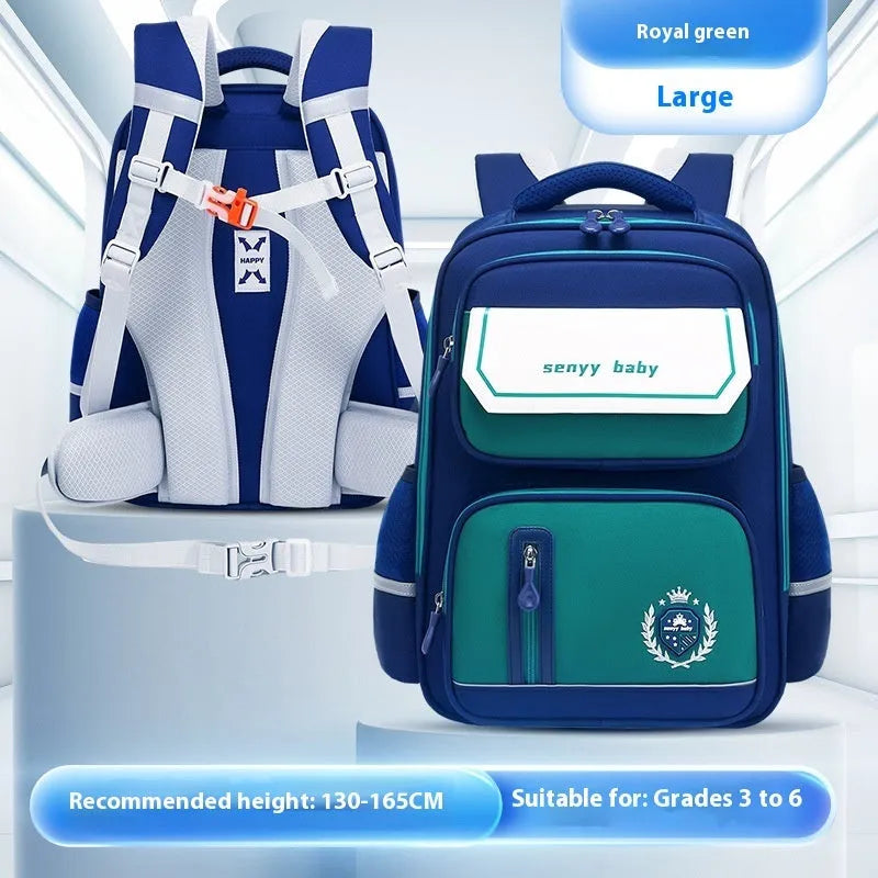 Children's spine protector backpack in blue, made of water-repellent Oxford cloth, size 38x30x15cm
