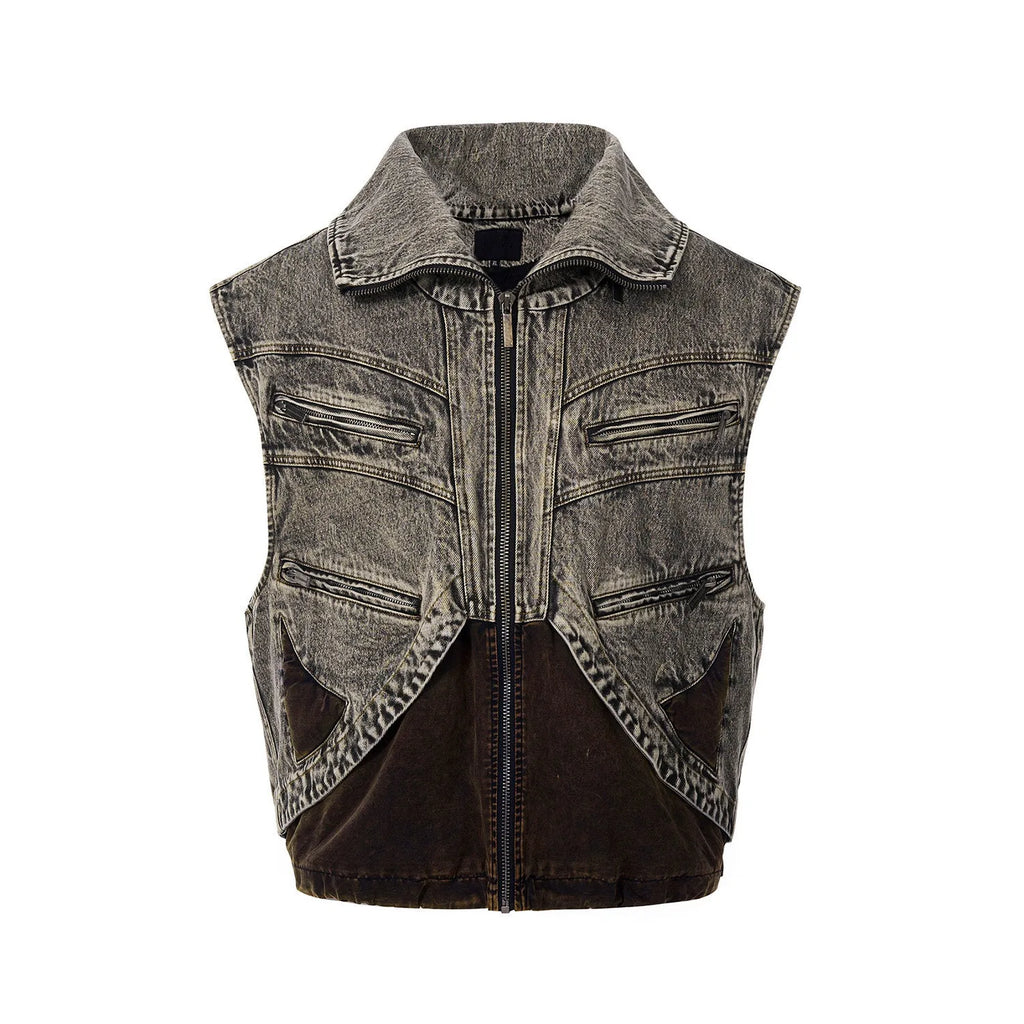 Men's sleeveless denim vest with front zipper in cotton fabric for summer casual wear